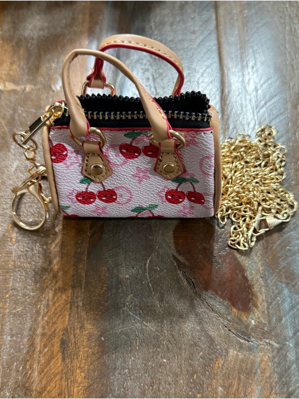 Cherry Print Mini Satchel Bag Charm Coin Pouch Crossbody Keychain Pink NWOT - Picture 2 of 5